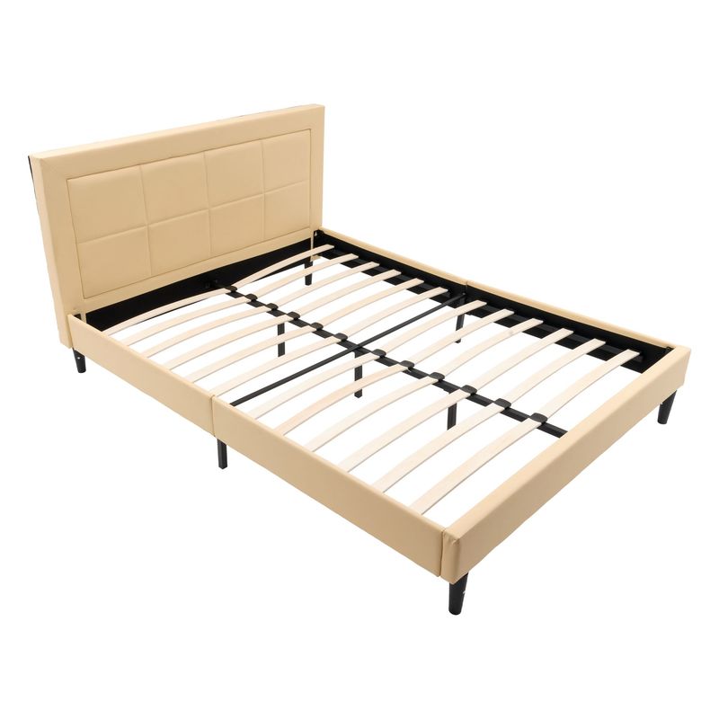 Queen Size Wood Slat Bed Frame 800 Lbs Capacity With PU Leather Headboard_voghion.com