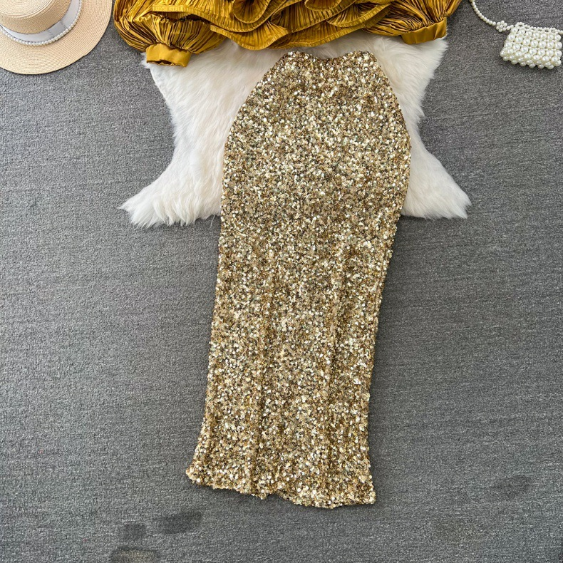 Set moda femminile temperamento socialite femminile lanterna manica lunga scollo a V foglia di loto camicia dal viso luminoso gonna a vita alta con paillettes_voghion.com