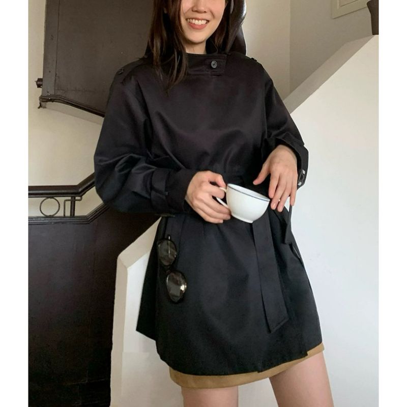 Waist-Cinching Irregular Korean Style Stand Collar Short Trench Coat Women 2025 Autumn New Loose Slimming Top_voghion.com