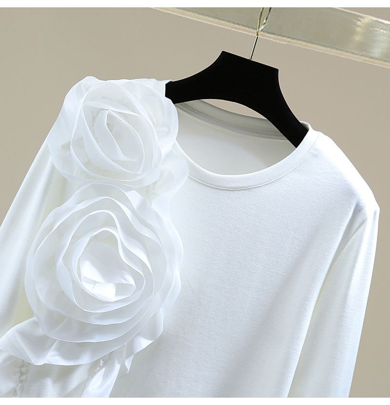 Abbigliamento da donna, maglietta a maniche lunghe con fiori tridimensionali, tinta unita, casual, da abbinare a qualsiasi capospalla, con fondo aderente_voghion.com