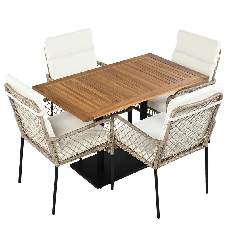 Ensemble de salle à manger d'extérieur 5 pièces pour 4 personnes, table en acacia massif, chaises en rotin synthétique, pour jardin et terrasse_voghion.com