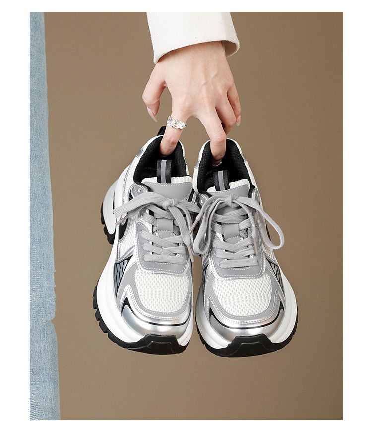 Thick Soled Dad Shoes For Women New Retro Street Style Height Enhancing Silver Same Style Casual Sports Shoes_voghion.com