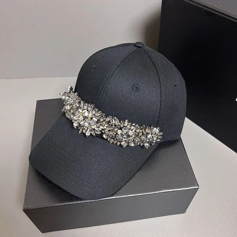 Black Hat, Women's Rhinestone Baseball Small Face, Solid Colour Hard Top Hat_voghion.com