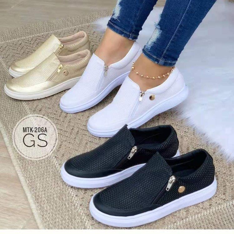 Scarpe basse singole con cerniera laterale e suola spessa a testa rotonda per le donne, scarpe da tavola con motivo a pressione di grandi dimensioni, colore solido_voghion.com