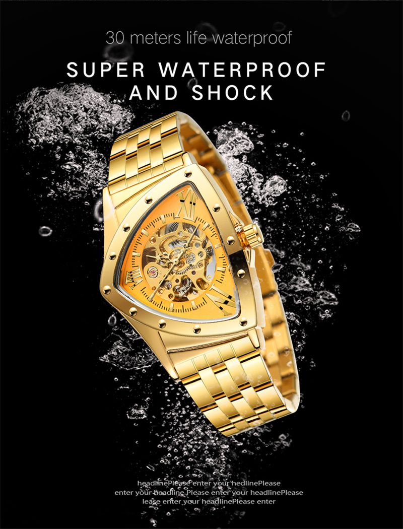 FORSINING 395 Nouvelle Arrivée Hommes Squelette Automatique Mécanique Or Vintage Homme Montre Triangle Montres-bracelets Horloge Meilleur Cadeau Pour Hommes_voghion.com