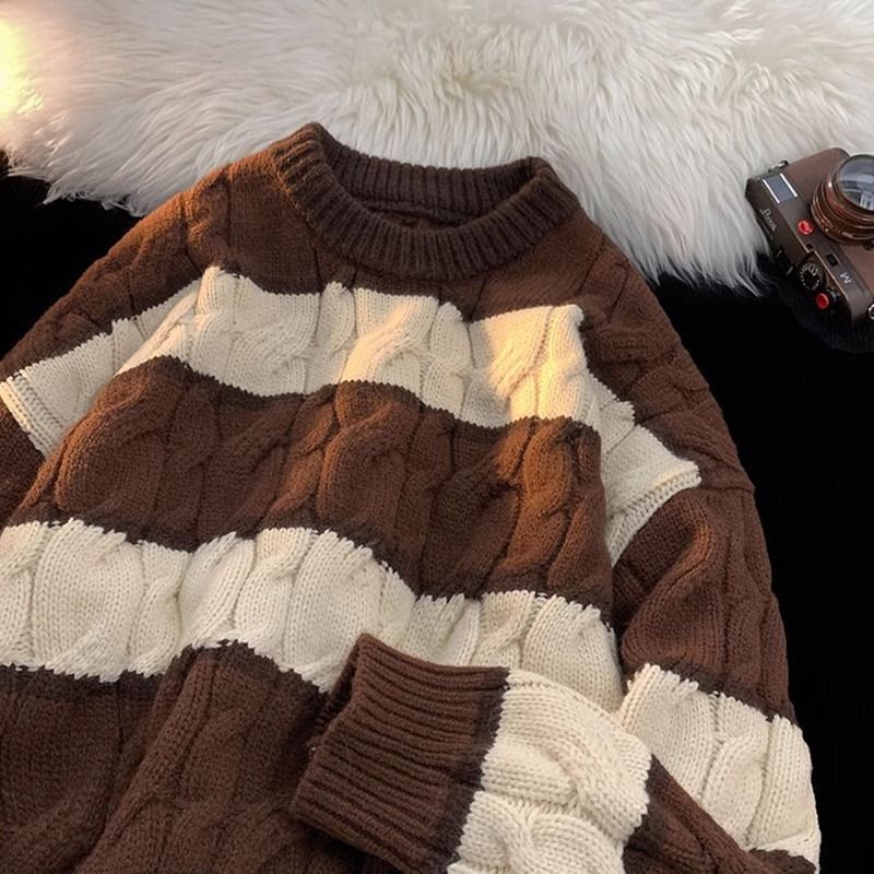 Gestreepte gebreide herentrui – dikke trui met ronde hals van katoenmix (bruin/blauw/zwart, M-XXXL)_voghion.com