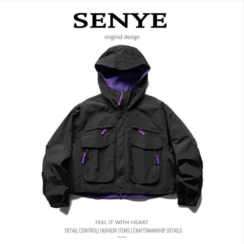 Men's Clothing Retro Hooded Work Jacket Multiple Pockets Short Jacket Silhouette Functional Loose Coat Fashion_voghion.com