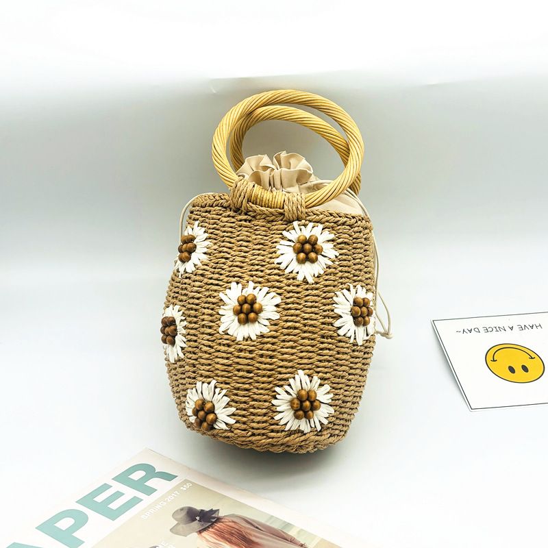 Summer Wooden Beads Flower Rattan Handle New Straw Bag Ladies Bag Hand Held Hand Woven Bag_voghion.com