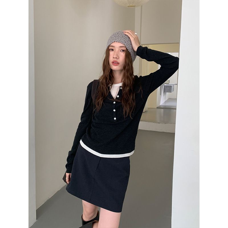 THE MIND Wool Contrasting Color Fake Two-piece Long-sleeved Knitted Sweater Women's 2025 Autumn And Winter Korean Version Simple Sweater_voghion.com