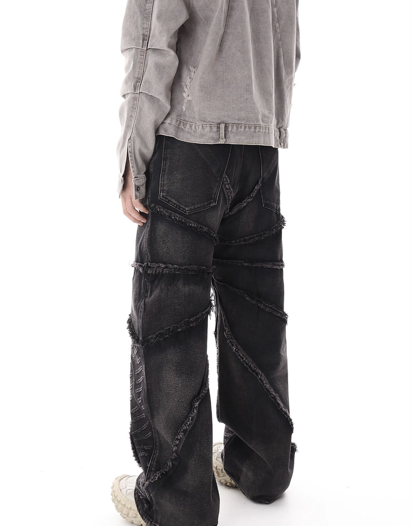 BAGGY JEANS American Distressed Spider Web Frayed Hem Jeans For Men Street Style Loose Fit Long Pants_voghion.com