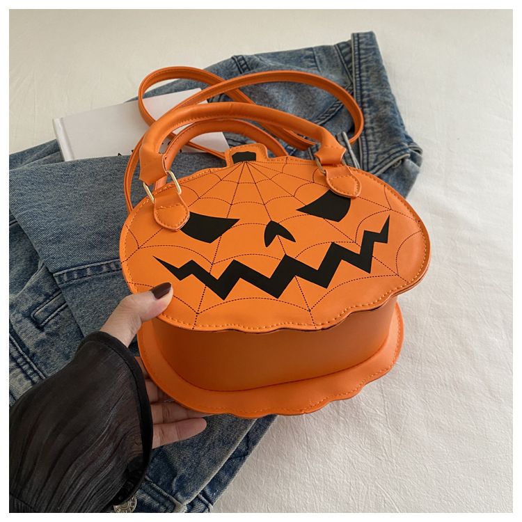 Borsa a tracolla con zucca di Halloween - Piccola borsa a tracolla rotonda in stile retrò con blocchi di colore, chiusura con cerniera e tasca per telefono_voghion.com