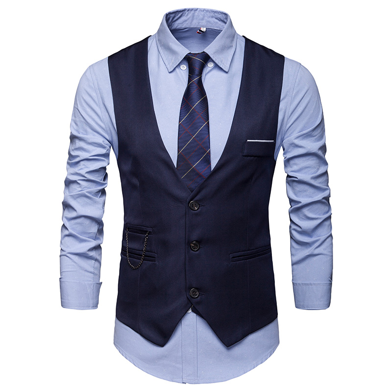 Men's solid color suit waistcoat slim waistcoat single-row three-button clip_voghion.com