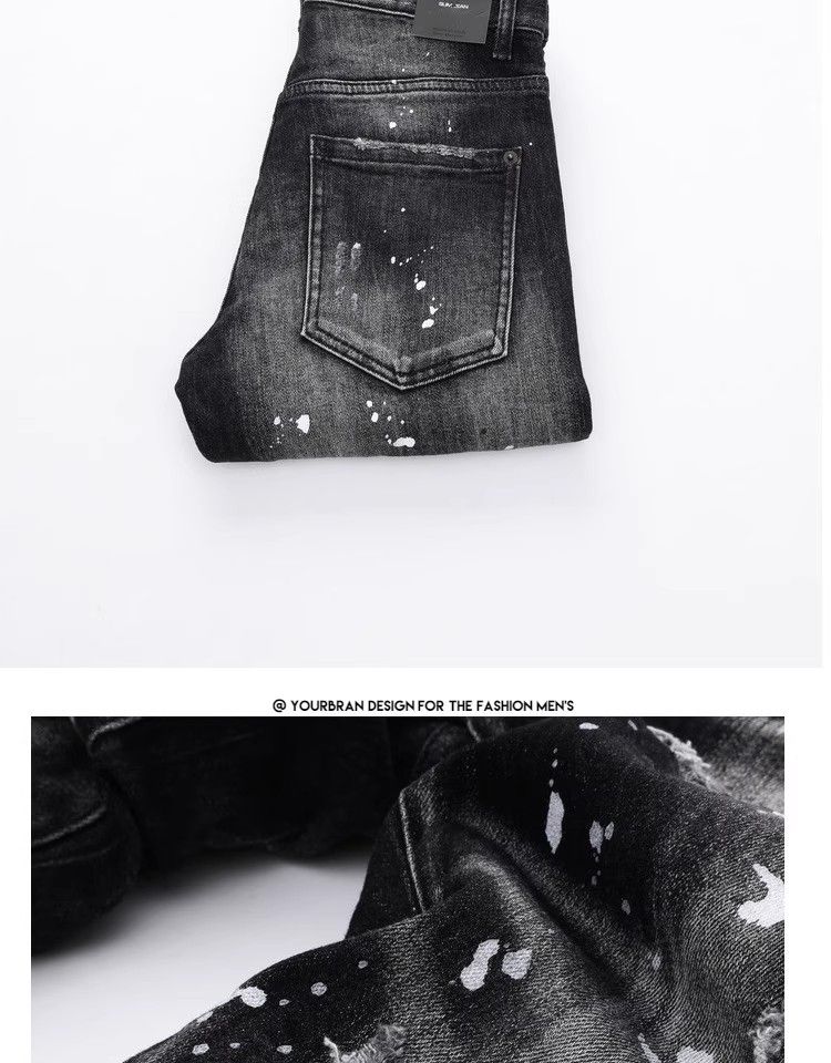 Men's Clothing Fashion Brand Washed Scratched Patches Paint Graffiti Stretch Slim Jeans_voghion.com