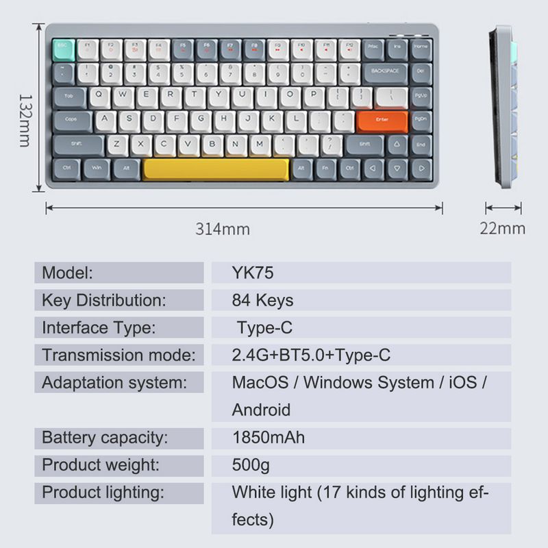 Kabellose mechanische Tastaturen mit 84 Tasten, 2,4 G + BT5.0 + Typ-C, 15 Lichteffekte, 5 Helligkeitsstufen, Tastatur für Tablet-Laptop_voghion.com
