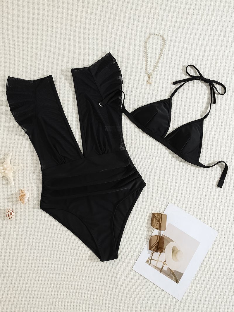 Maillot de bain deux pièces sexy taille haute pour femme, bonnets rigides, froncés, fendu_voghion.com