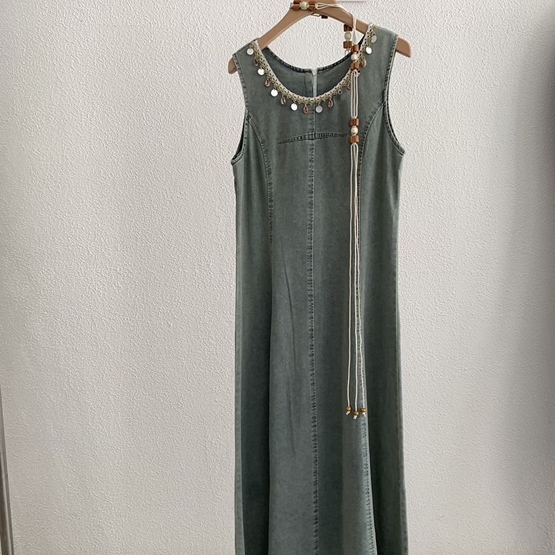 Abito in denim di media lunghezza con scollo rotondo, nappe, senza maniche, stile Omalei, estivo, da donna, 3086_voghion.com