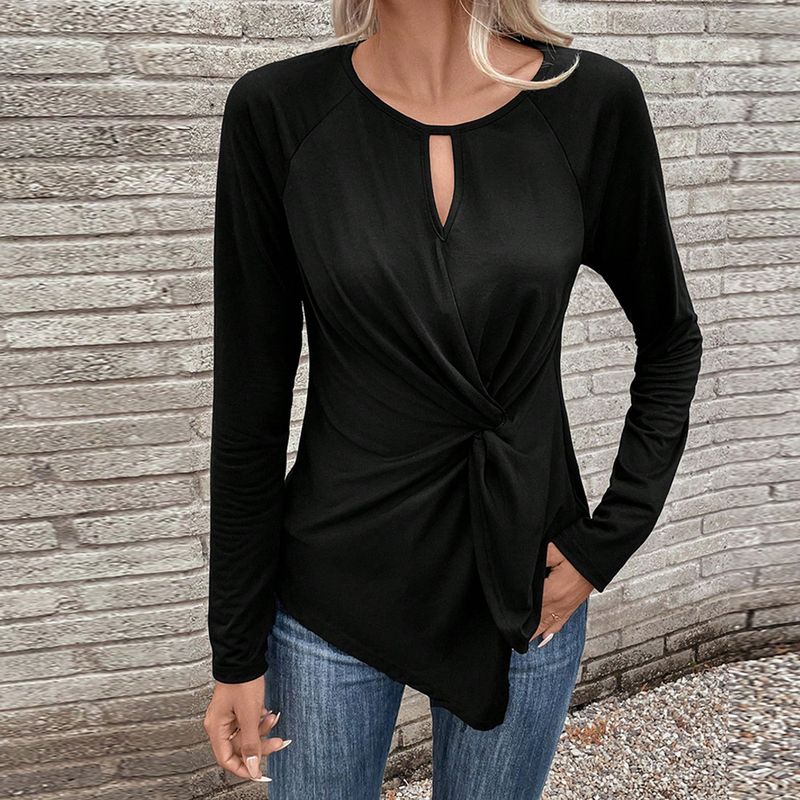 Damenbekleidung im europäischen Stil: Eine schlanke und sexy Bluse mit runden, ineinandergreifenden Knoten, langen Ärmeln und offenem Halsausschnitt_voghion.com