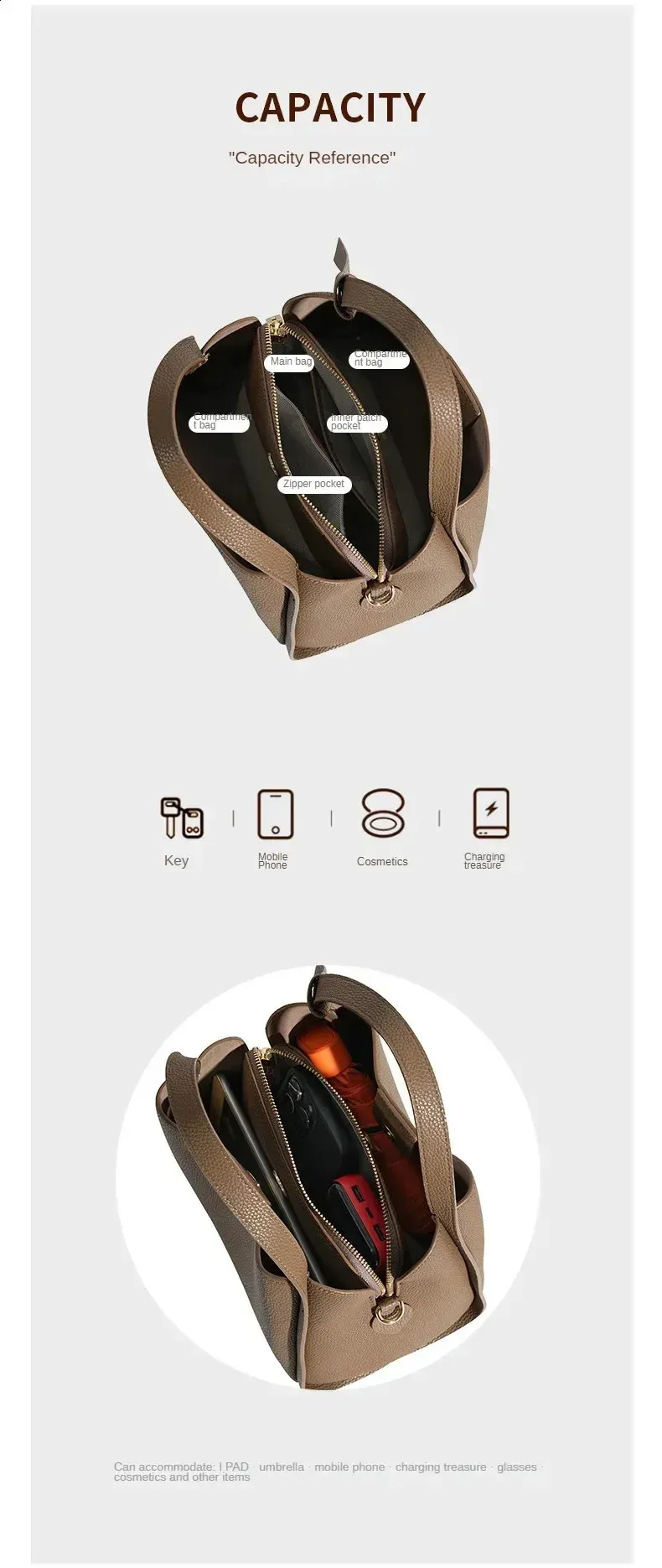 Lychee Pattern Leather Simple Vegetable Basket Handbag Womens Denim Portable Bucket Shoulder Bag 240827_voghion.com