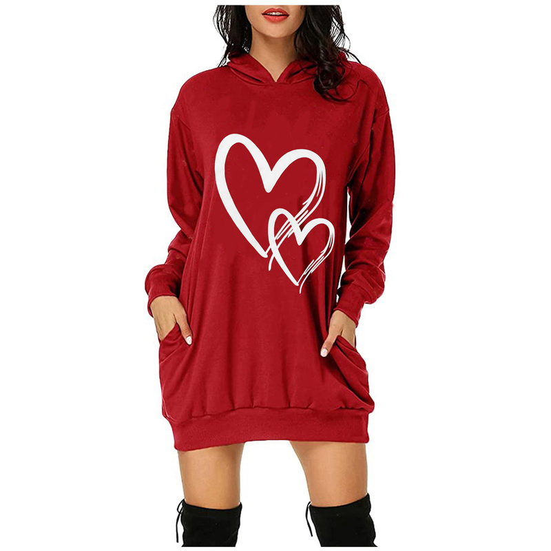 Damen-Kapuzenpullover im Weihnachtsstil mit Aufdruck „Valentinstag“ in mittlerer Länge und Taschenkapuze mit langen Ärmeln_voghion.com