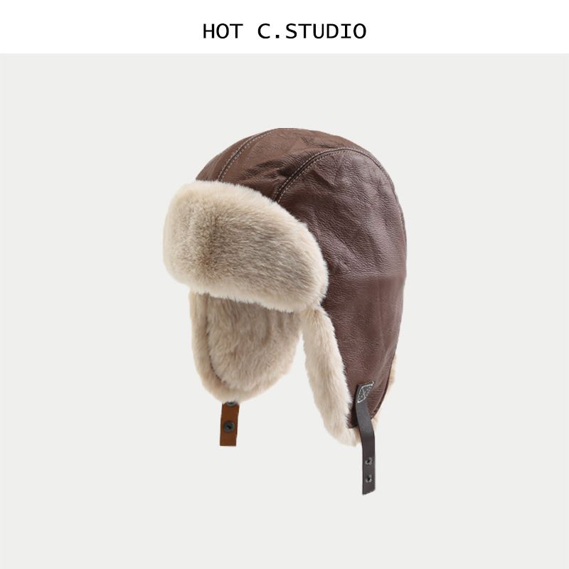 Cappello da pilota coreano retrò autunno e inverno in pelle PU, peluche, lei feng, uomo e donna, protezione per le orecchie, cappello da sci, tendenza_voghion.com