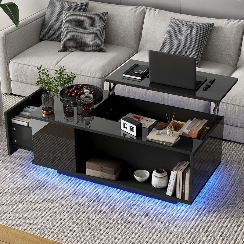 Table basse réglable en hauteur 100 x 50 x 40 cm avec rangement dissimulé, éclairage LED, tiroir, table d'appoint de salon, noire_voghion.com