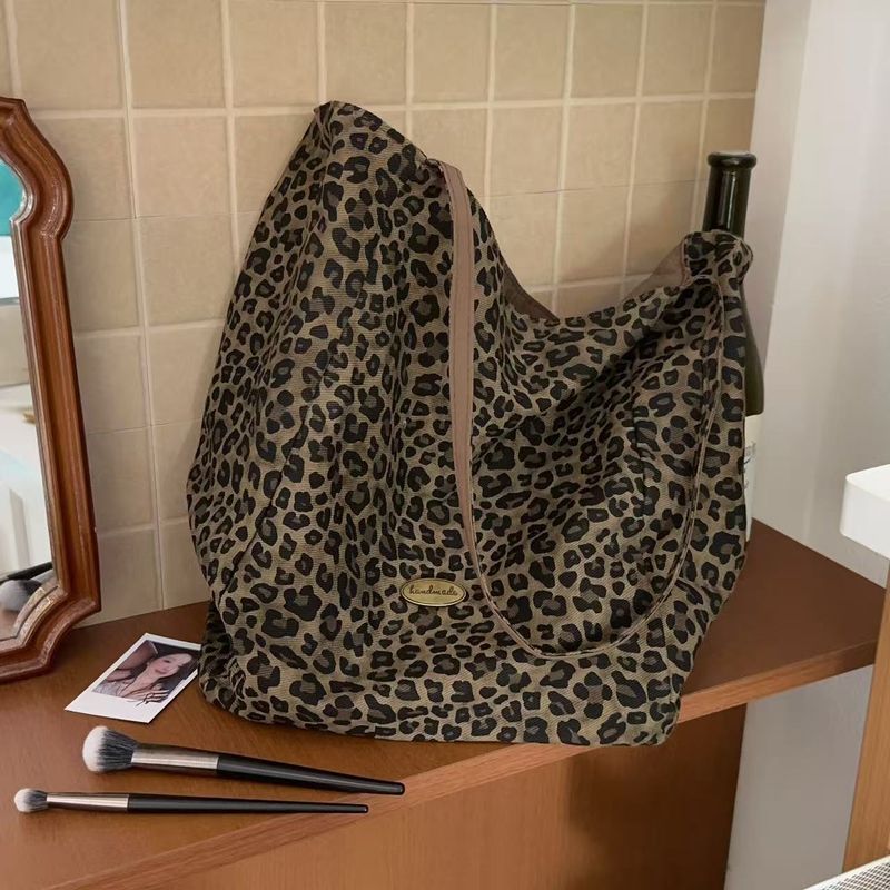 Borsa a tracolla in tela bifacciale con stampa leopardata, grande capacità, stile college, casual, per studenti_voghion.com