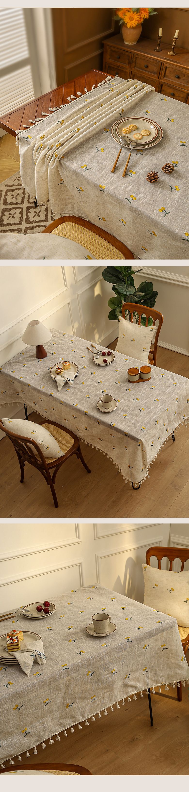 Leinentischdecke mit Stickerei – Bohemian-Dekor für Esstisch, Couchtisch und Bücherregal (hitzebeständig, maschinenwaschbar)_voghion.com