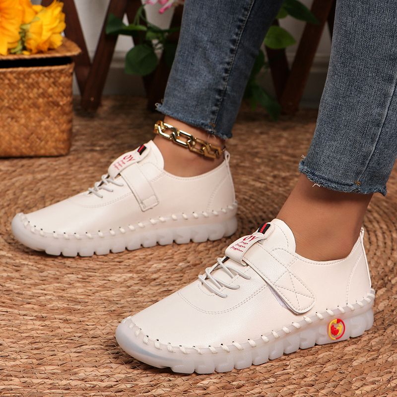 Women's large size 45 size beef tendon soft sole hand stitched Velcro casual shoes_voghion.com