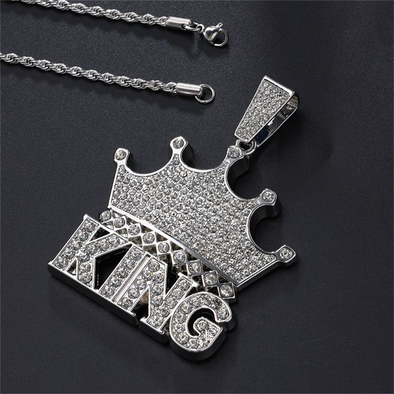 Full Diamond Crown Letter King Necklace Accessory Hip Hop Rap Street Dance Cool Pendant Jewelry_voghion.com