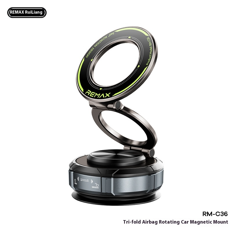 REMAX Magnetic 3-Fold Air Vent Car Phone Holder, 360° Rotating Luxury Matte Black Stand, Low-Profile Stealth Design For Dashboard Windshield, Compact_voghion.com