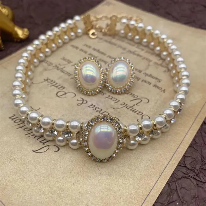 Collana con doppio strato di perle eleganti da donna, orecchini, catene classiche vintage squisite per la festa della donna, matrimonio retrò_voghion.com