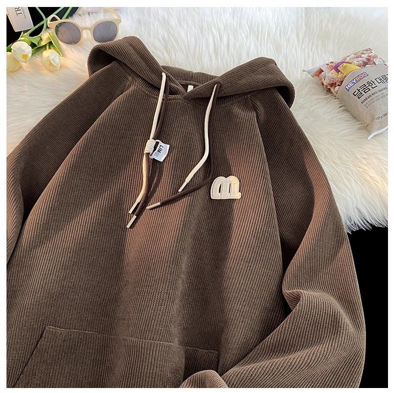 Corduroy Hooded Sweatshirt For Men, Autumn 2023 New Trendy Brand Oversized American Pullover Top_voghion.com
