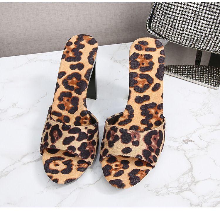Women's Sexy Leopard Print High Heel Mule Sandals - 11CM Platform Chunky Heel Open Toe Slippers For Summer (Black, Non-Slip, Fashionable)_voghion.com