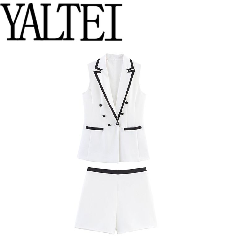 ZAR Spring New Women's Fashion French Style Sleeveless Color-Block Elegant Blazer + Shorts Set_voghion.com