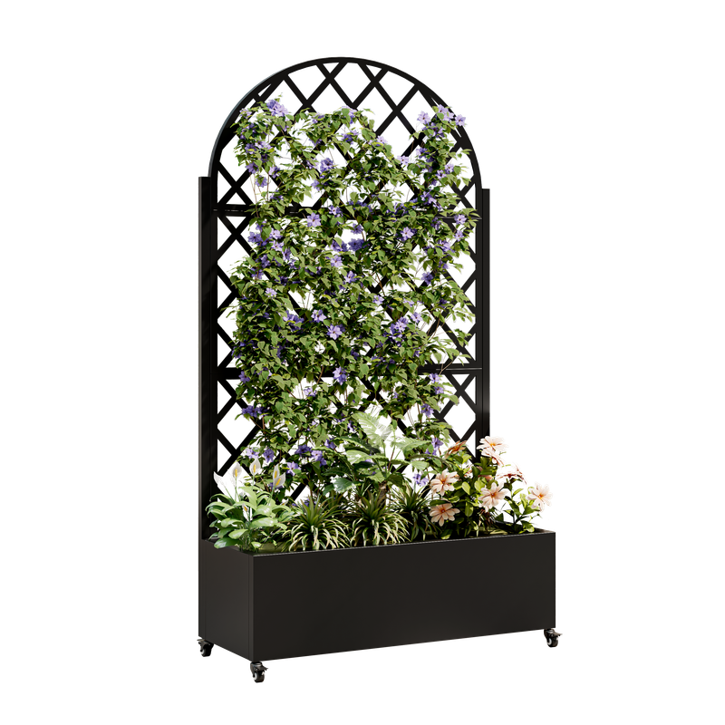 round Metal Planter Box With Trellis Raised Garden Bed With 4 WheelsTrellis & Privacy Screen For Climbing Plants, Vegetables, Vines_voghion.com