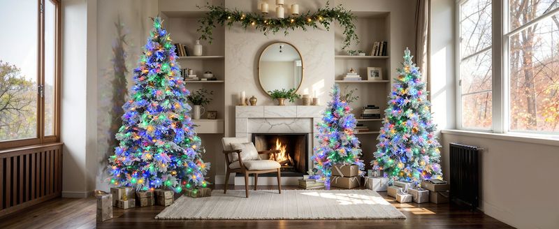 6FT Pre-Lit Spruce Snow Flocked Christmas Tree with 250 Multi-Color LED Lights, 403 Branch Tips, Mixed PE & PVC Branches, Pine Cones, 11 Flashing Modes, Holiday Decor_voghion.com