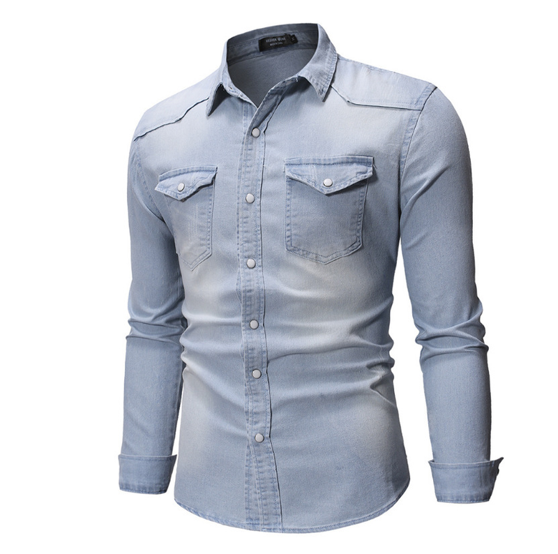 Neu Langarm Stil Jugend Casual Einfarbig Patchwork Denim Shirt männer_voghion.com