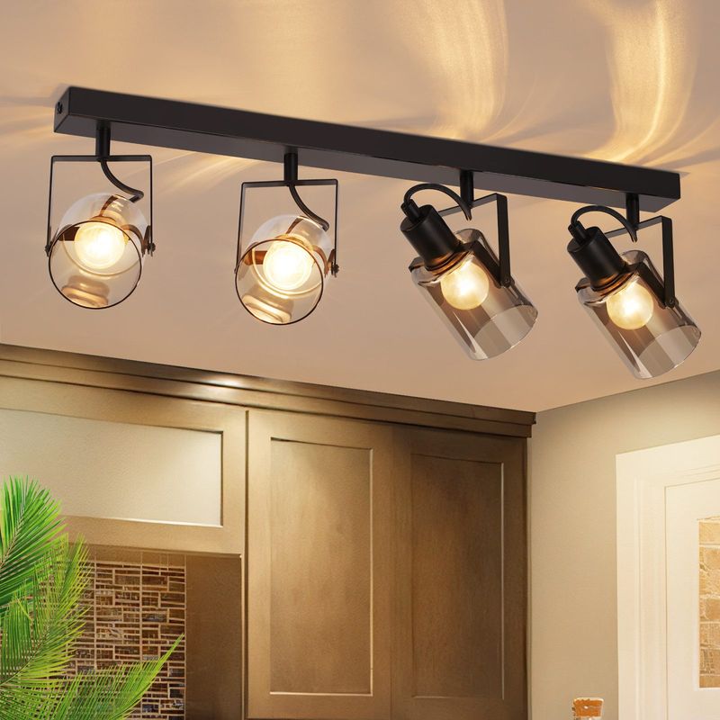 Glitzerlife Deckenstrahler Vintage Deckenlampe 3 Flammig - Retro Rauchgrau Glas Deckenbeleuchtung E14 Fassung Schwarz Deckenspot Für Küche Schlafzimmer Flur_voghion.com