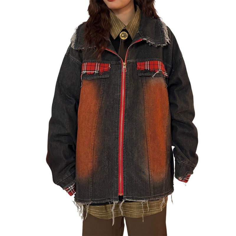 American Plaid Spliced Denim Jacket For Women's Spring New Style, Spray Painted, Washed, Distressed, With A High-End_voghion.com