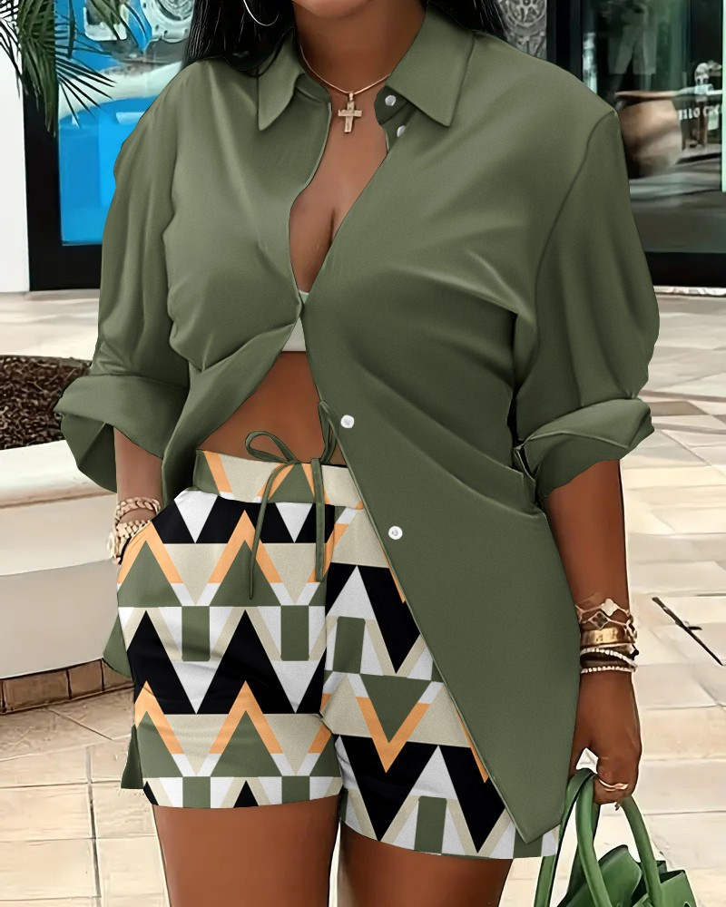 Women's Printed Suit Lapel Shirt Shorts Two-piece Set Long-sleeved Printed Button Lace-up Shorts Two-piece Set_voghion.com