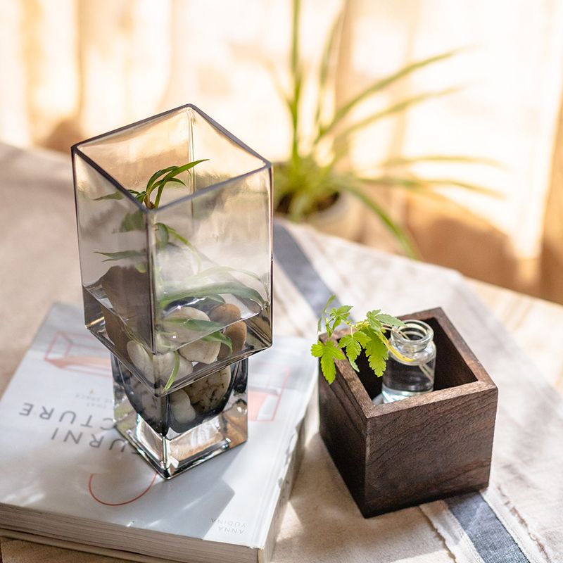 Nordesch Glasvase mat Holzbasis fir hydroponesch Blummen Kënschtlech Gedréchent Blummen Wunnzëmmer Büro Schreifdësch Terrarium Dekoratioun_voghion.com