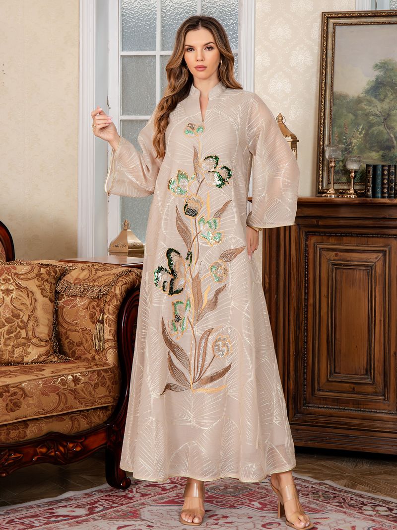 Elegante abito Abaya ricamato – Abito lungo musulmano a maniche lunghe per donna (M-XXL, rosso/beige/verde)_voghion.com