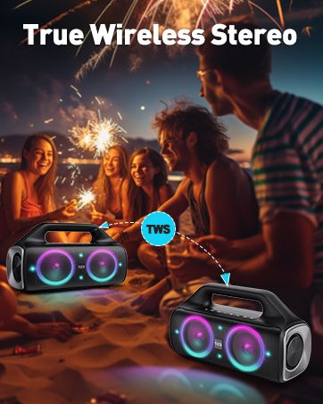 80w(Peak)Portable Wireless Speaker With Lights,Stereo Loud Sound,IP67 Waterproof,Deep Bass Outdoor Bluetooth-5.0 ,For Home Party Beach Camping Gifts_voghion.com