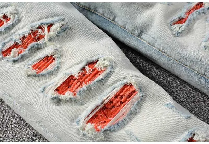 Men's Men Cracked Pleated Patch Jeans Streetwear Slim Skinny Stretch Denim Pants Holes Ripped Patchwork Tapered Trousers_voghion.com