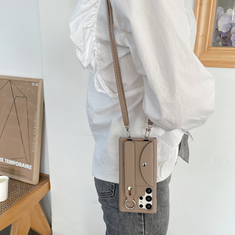 Mobile phone case Suitable for Samsung S23 Ultra litchi card holder wrist strap diagonal mobile phone case S21/S22 wallet mobile phone case_voghion.com