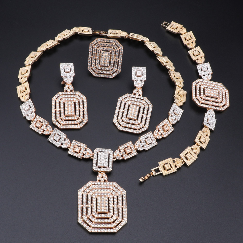 Set di gioielli rettangolari in cristallo color oro di lusso per le donne, collana, orecchini, anello, braccialetto, regalo di compleanno di Natale_voghion.com