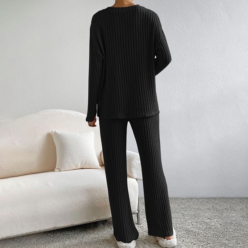 Women's Clothing Knit Two-Piece Set Casual Comfortable Straight Pants V-Neck Ribbed Top Autumn Outfit_voghion.com