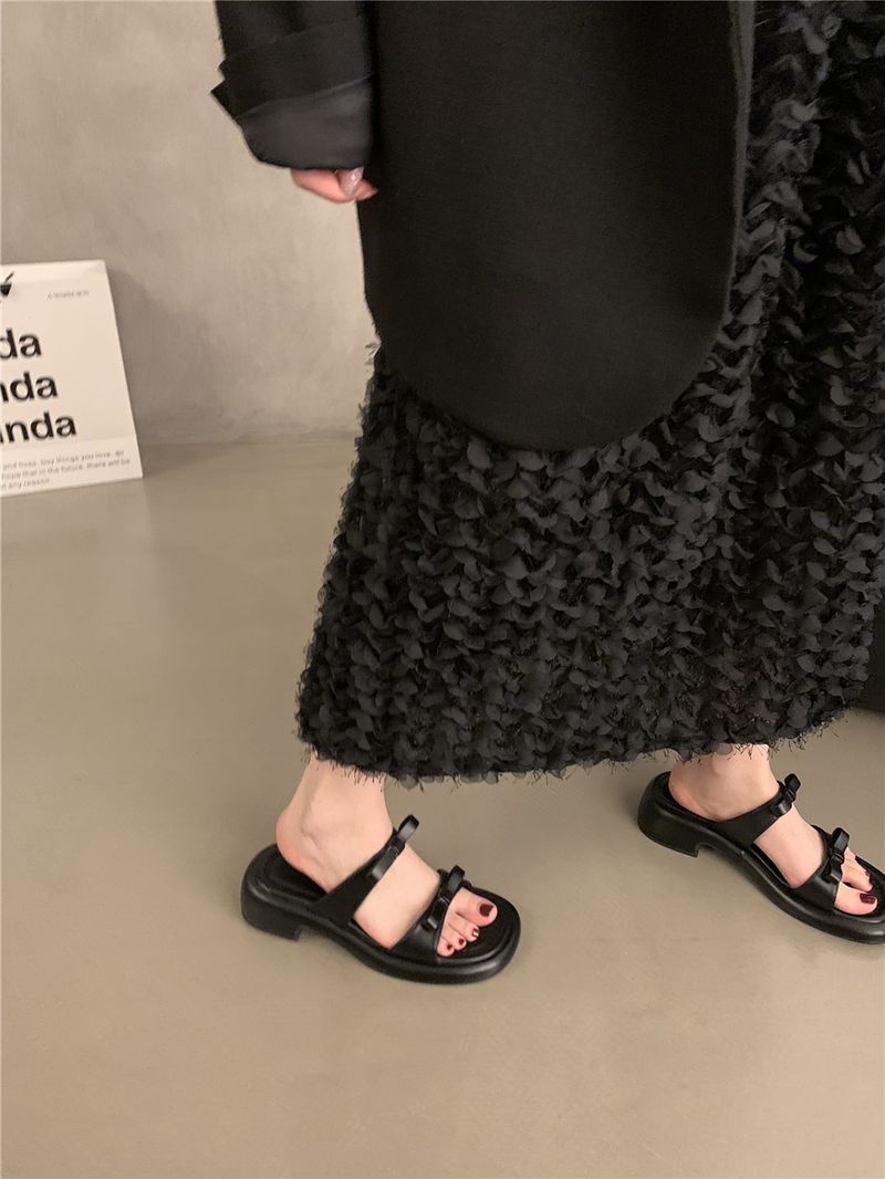 Chunky Heel French Bowknot Sandals Women's Beach Shoes Spring Summer White One-Strap Slippers_voghion.com