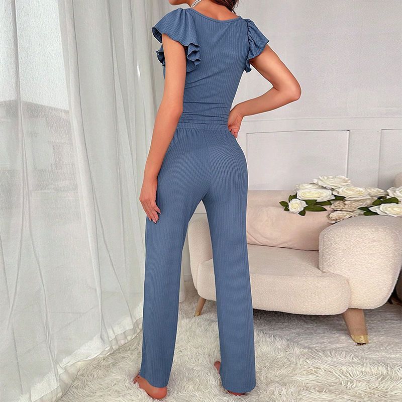 Autumn Winter New Women's Homewear Ribbed Sleeve Short Top Long Pants Casual Pajama Set_voghion.com