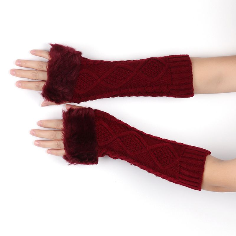 Men's Gloves Diamond shaped long fur gloves for women with sleeves, knitted warm fingerless arm sleeves, autumn and winter wool long gloves_voghion.com